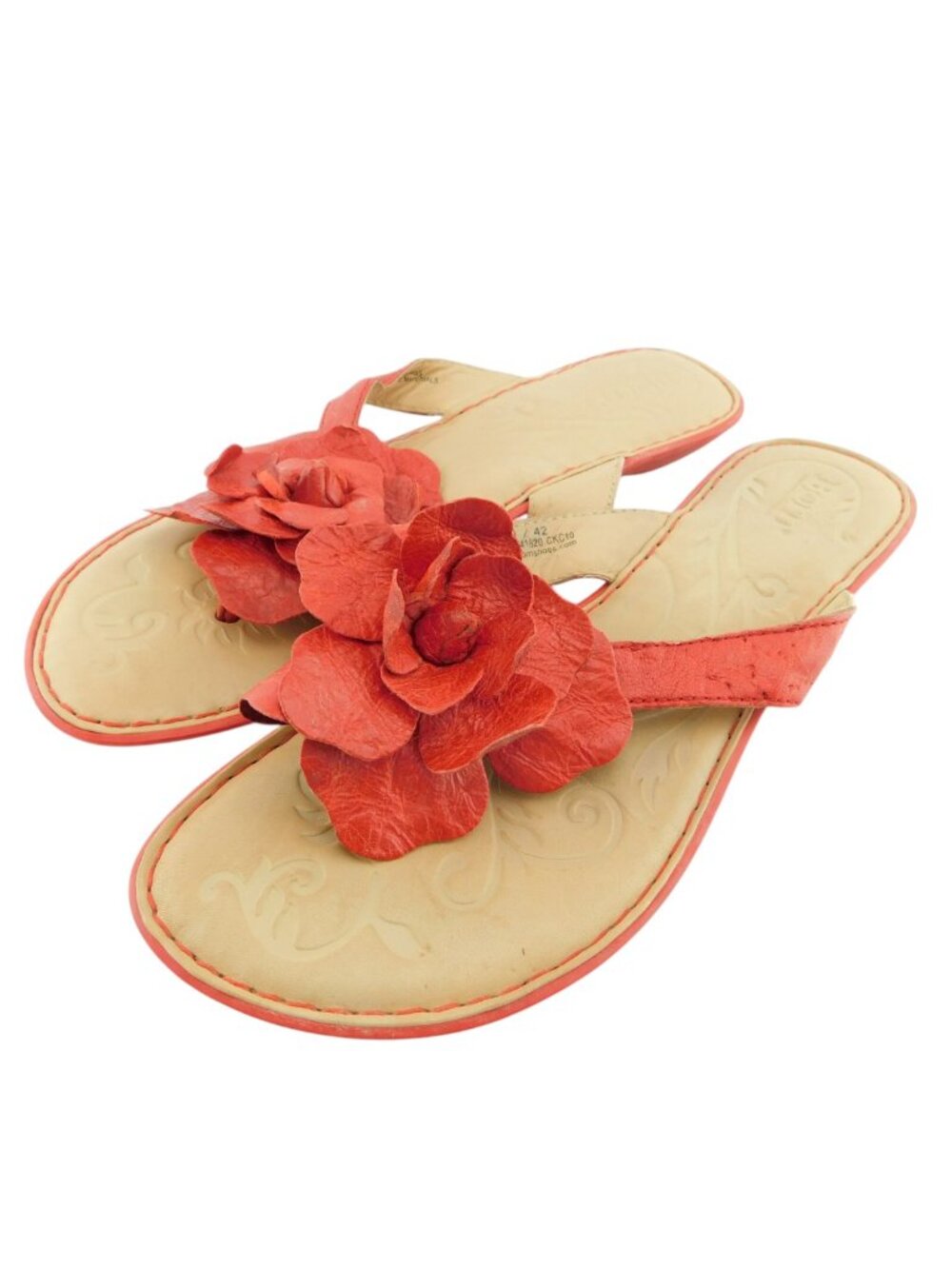 BORN Red Leather Rose Camelia Floral Thong Sandals 10 / 42
